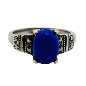 Sterling Marcasite Oval Blue Stone Ring Size 7
