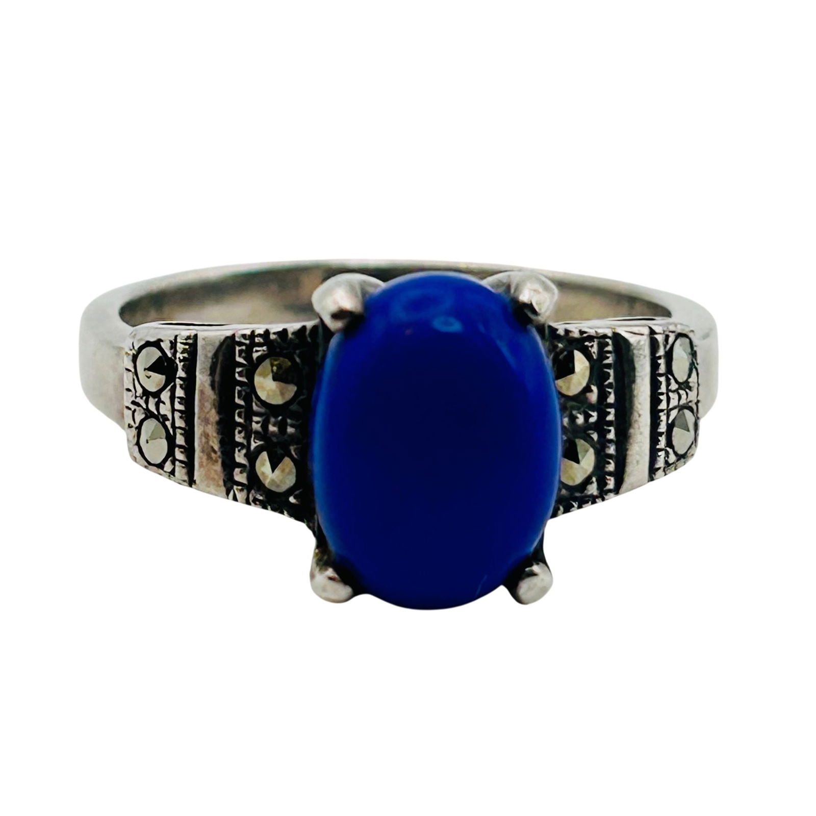 Sterling Marcasite Oval Blue Stone Ring Size 7 (1 of 8)