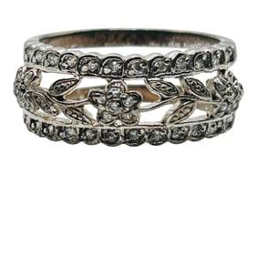 Sterling Clear Stone Flower Detail Double Band Size 9