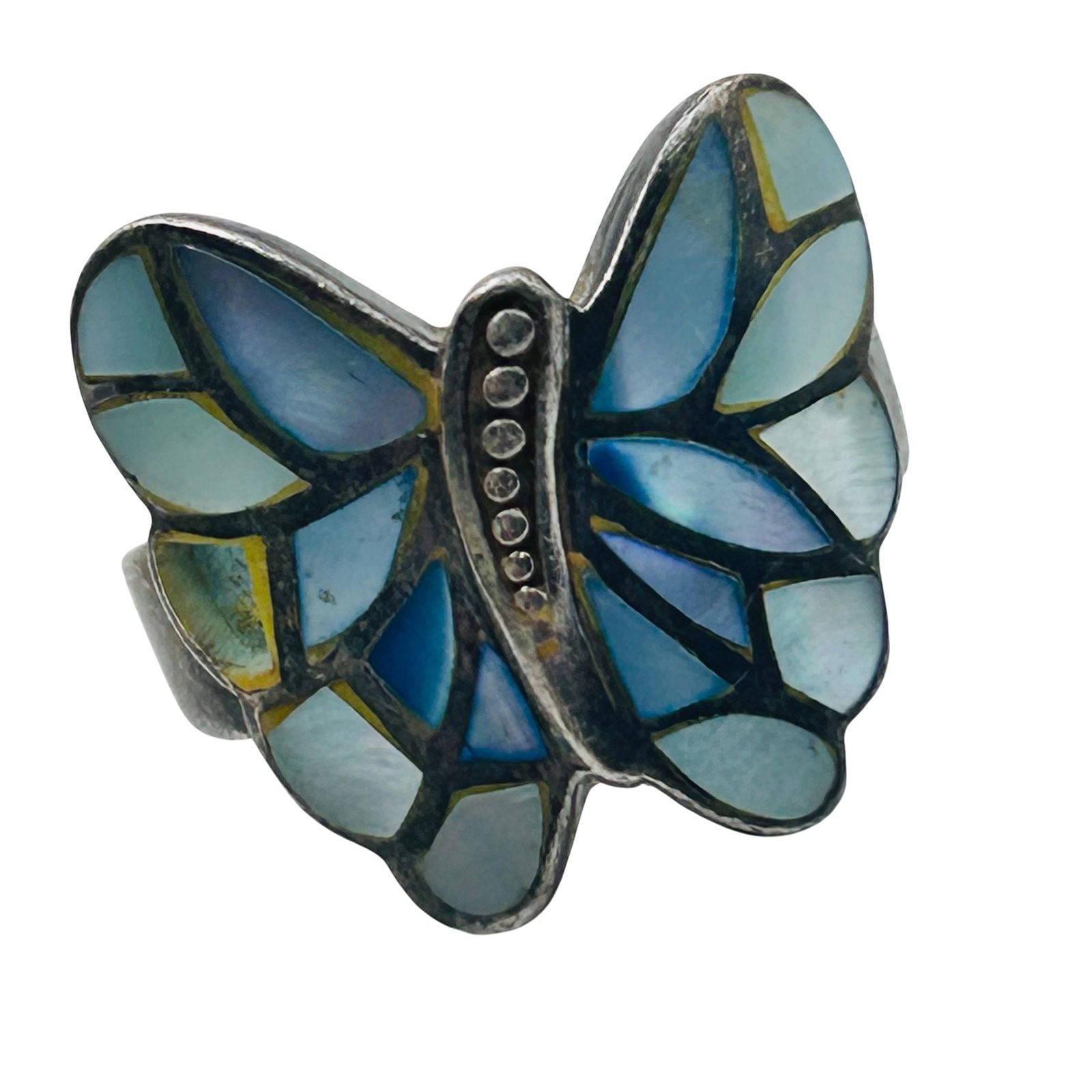 NF Sterling Inlay Mother Of Pearl Butterfly Ring Size 6.5: NF inlay mother of pearl Sterling butterfly ring. Size 6.5. 6.29g