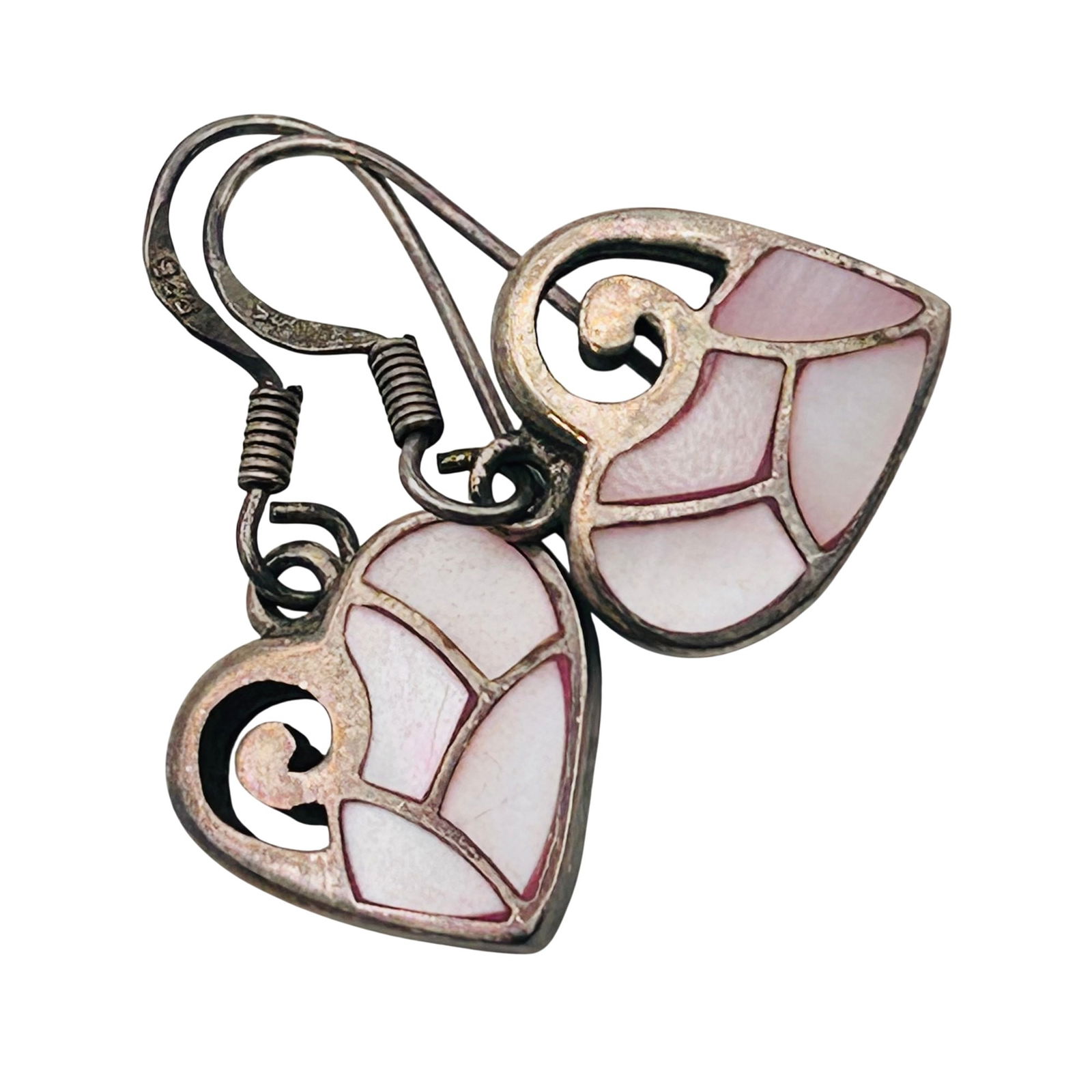 Sterling Mother Of Pearl Heart Hook Back Earrings: Mother of pearl Sterling heart hook back earrings. 5.61g