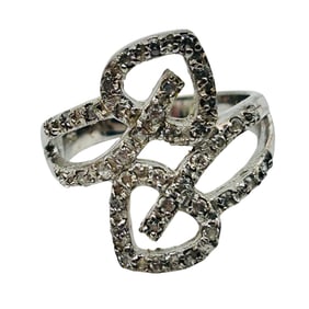 Sterling Rhinestone Double Heart Bypass Ring Size 8