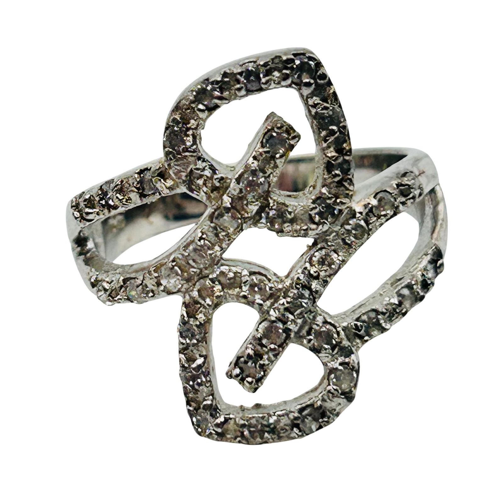 Sterling Rhinestone Double Heart Bypass Ring Size 8: Rhinestone Sterling double heart bypass ring. Size 8. 5.25g
