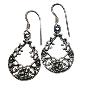 CW Sterling Marcasite Flower Detail Dangle Earrings
