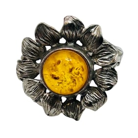 Amber Sterling Flower Ring Size 7