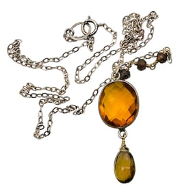 Sterling Large Rhinestone Dangle Citrine Cable Chain Necklace