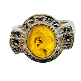 Sterling Amber And Marcasite Statement Ring Size 6.5