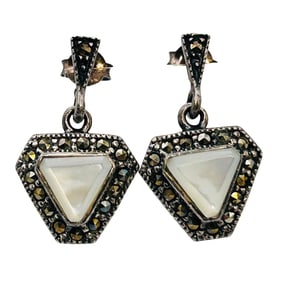 Sterling Mother Of Pearl And Marcasite Dangle Studs