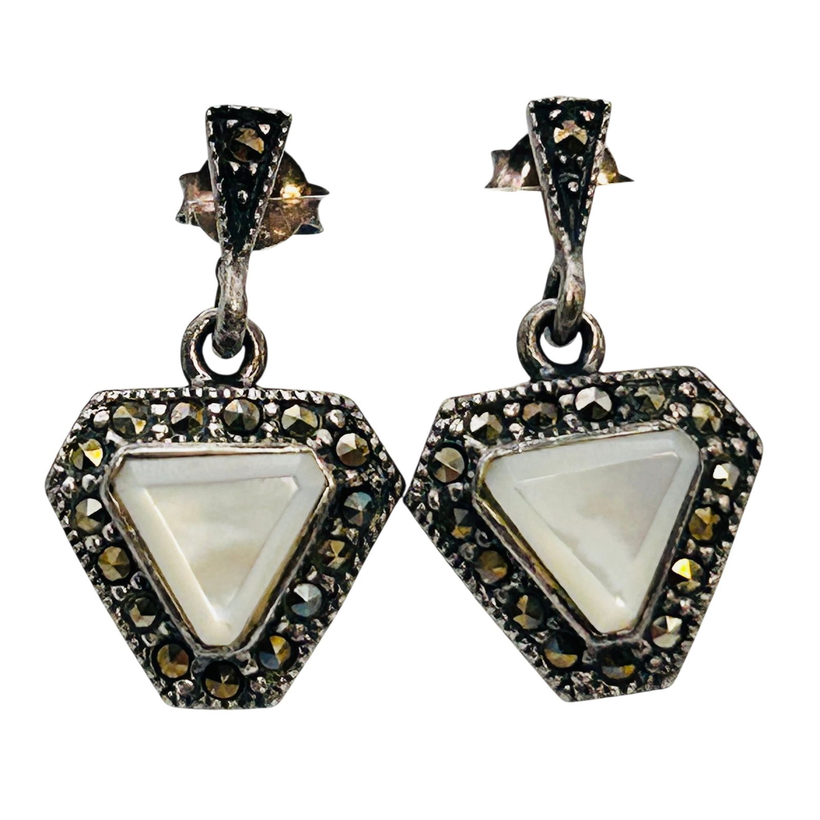 Sterling Mother Of Pearl And Marcasite Dangle Studs: Sterling mother of pearl and marcasite dangle studs. 3.80g