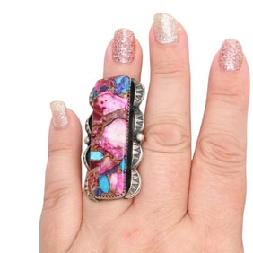 Tia Long Navajo Sterling Pink Dahlia Adjustable Ring