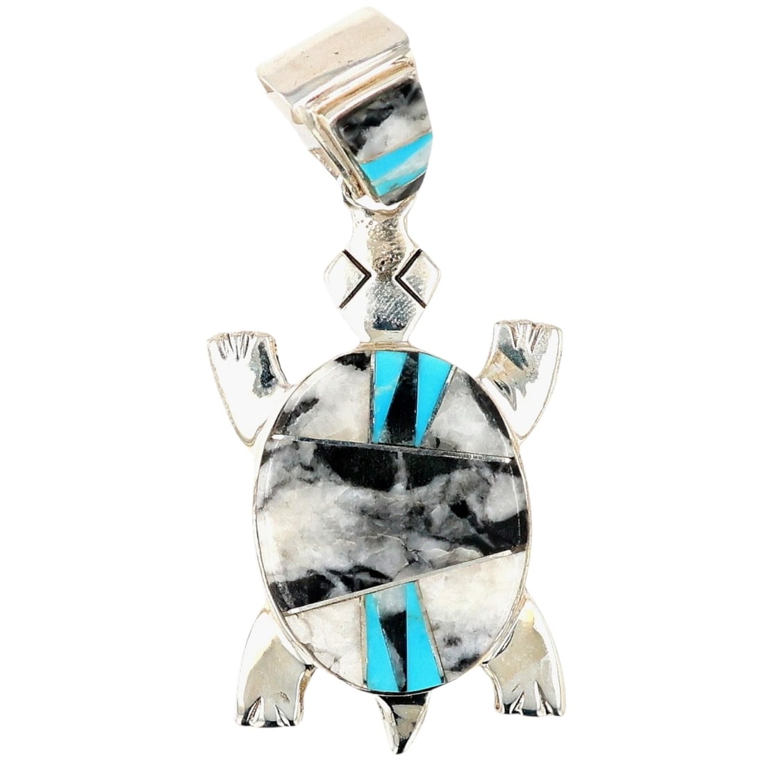 Calvin Begay Navajo Sterling Multi-Stone Inlay Turtle Pendant: Calvin Begay Navajo Sterling Multi-Stone Inlay Turtle Pendant 21g-Turquoise, White Buffalo Turquoise