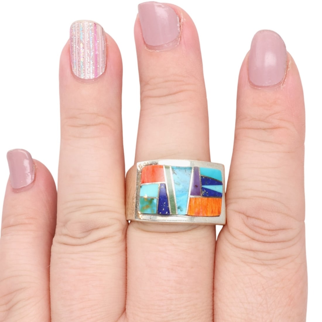 Tully Gustine Navajo Sterling Multi-Stone Inlay Ring Sz 11: Tully Gustine Navajo Sterling Multi-Stone Inlay Ring Sz 11, 21g- Turquoise, Spiny Oyster, Lapis