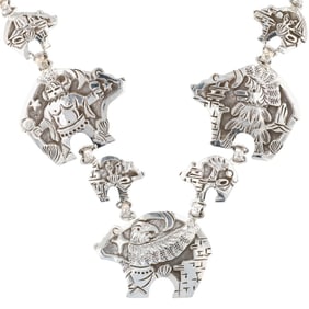 Lloyd Becenti Navajo Plain Silver Overlay Storyteller Bear Necklace