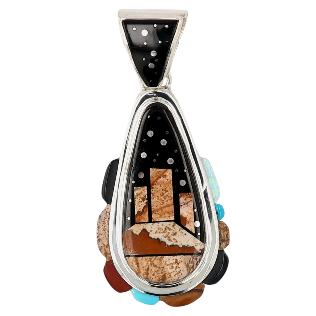 Calvin Begay Navajo Sterling Multi-Stone Inlay Pendant: Calvin Begay Navajo Sterling Multi-Stone Inlay Pendant 25g-Turquoise, Onyx, Jasper, Agate