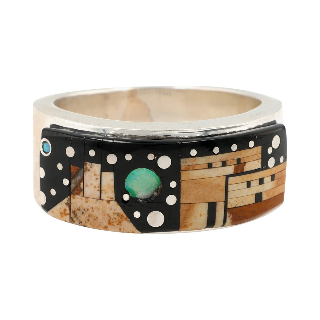 Calvin Begay Navajo Sterling Multi-Stone Inlay Ring Sz 9.75: Calvin Begay Navajo Sterling Multi-Stone Inlay Ring Sz 9.75, 13g-Opal, Onyx, Agate