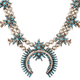 Lerna Mahkee Zuni Sterling Needlepoint Kingman Turquoise Squash Blossom Necklace