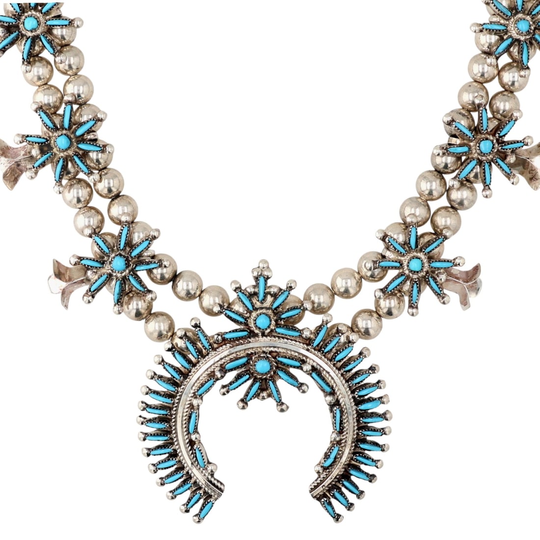 Lerna Mahkee Zuni Sterling Needlepoint Kingman Turquoise Squash Blossom Necklace: Lerna Mahkee Zuni Sterling Needlepoint Kingman Turquoise Squash Blossom Necklace 65g