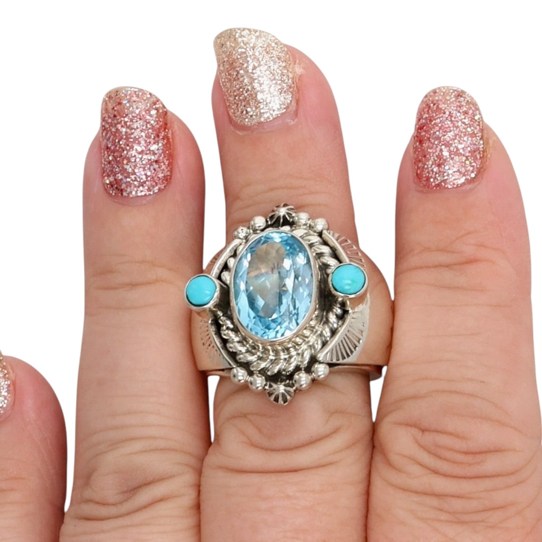 Signed Navajo Sterling Multi-Stone Ring Sz 7.25 (1 of 8)