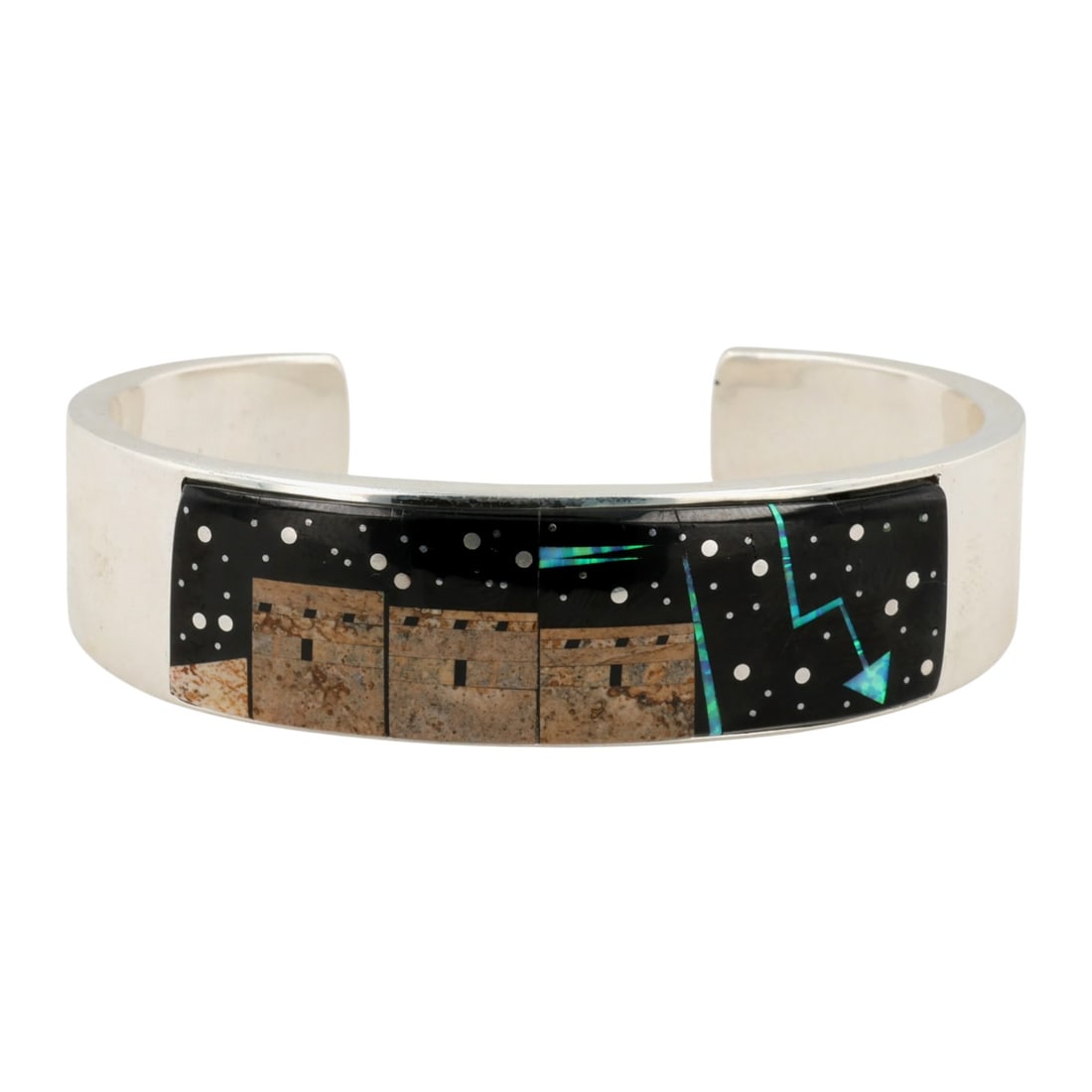 Calvin Begay Navajo Sterling Multi-Stone Inlay Cuff Bracelet: Calvin Begay Navajo Sterling Multi-Stone Inlay Cuff Bracelet 49.5g -Picture Jasper, Opal, Onyx