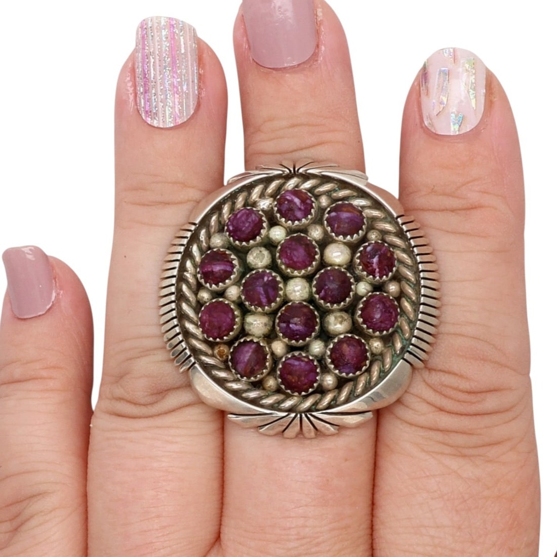 Kenneth Jones Navajo Sterling Spiny Oyster Cluster Adjustable Ring: Kenneth Jones Navajo Sterling Spiny Oyster Cluster Adjustable Ring 24g, Sz 10.5