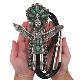 Garrett Hale Navajo Sterling Sonoran Gold Turquoise Kachina Bolo Tie
