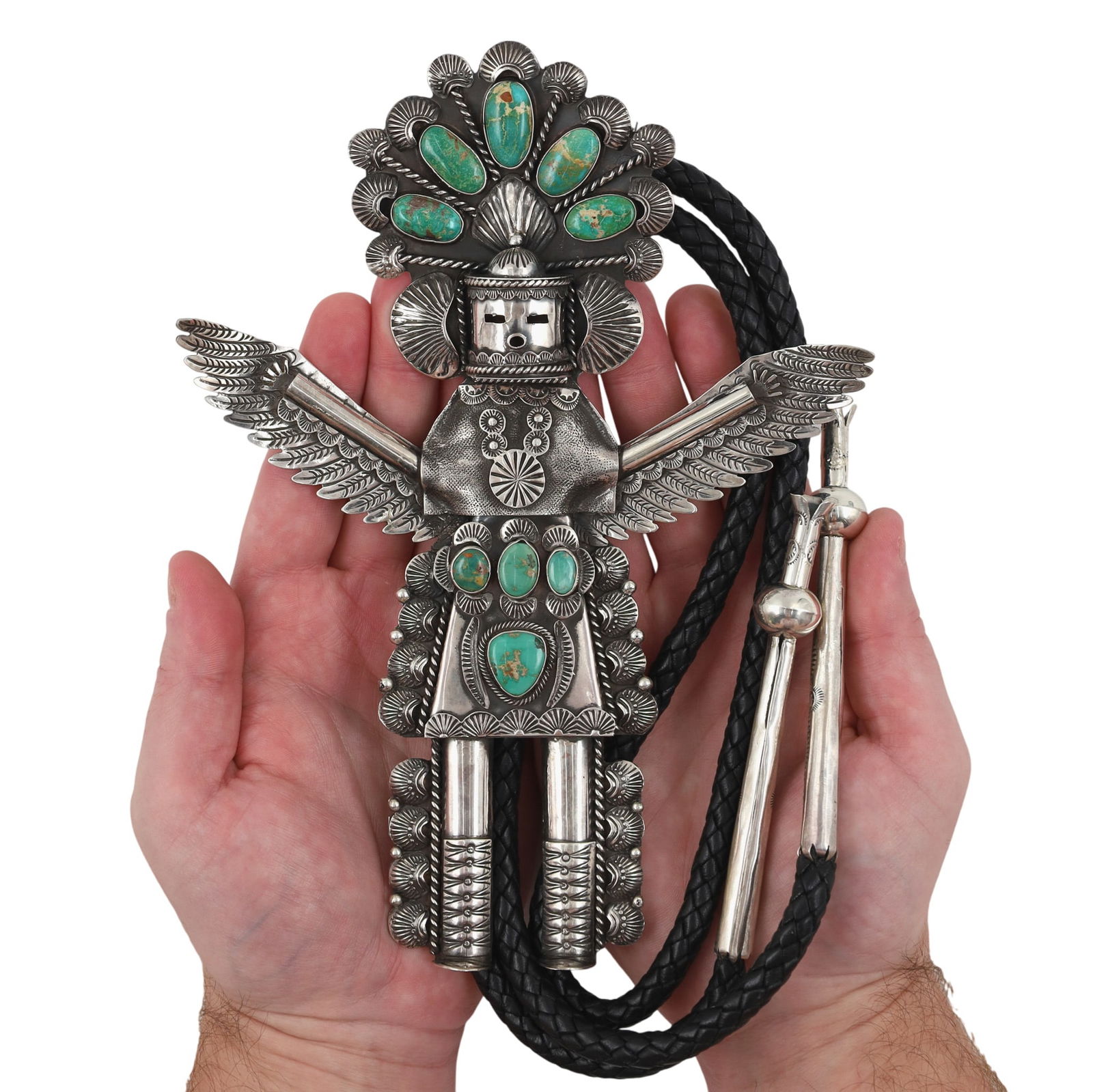 Garrett Hale Navajo Sterling Sonoran Gold Turquoise Kachina Bolo Tie: Garrett Hale Navajo Sterling Sonoran Gold Turquoise Kachina Handmade Bolo Tie 215g