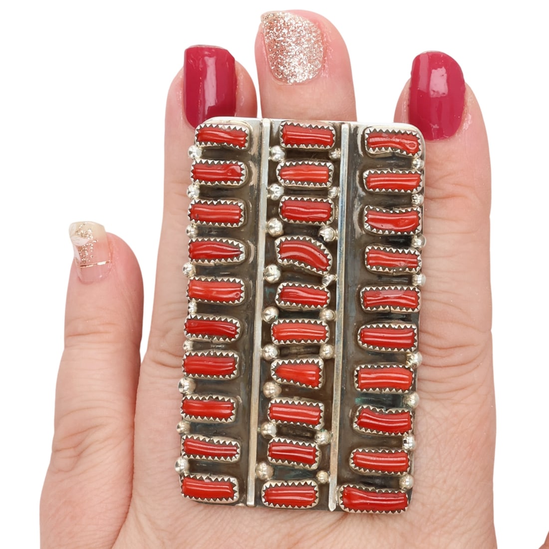 Darlene Begay Navajo Sterling Coral 3 Row Ring Sz 10 (1 of 8)