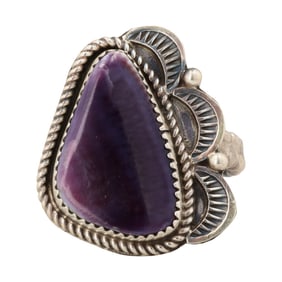 Tia Long Navajo Sterling Charoite Adjustable Ring