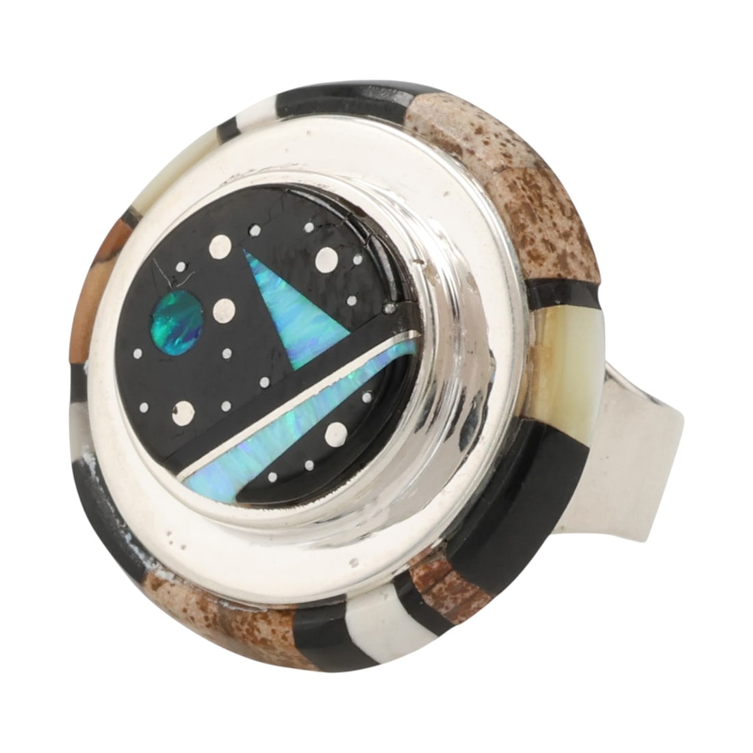 Calvin Begay Navajo Sterling Multi-Stone Inlay Ring Sz 7.25: Calvin Begay Navajo Sterling Multi-Stone Inlay Ring Sz 7.25, 21.5g-Opal, Onyx, Turquoise, Mother-of-Pearl, Picture Jasper
