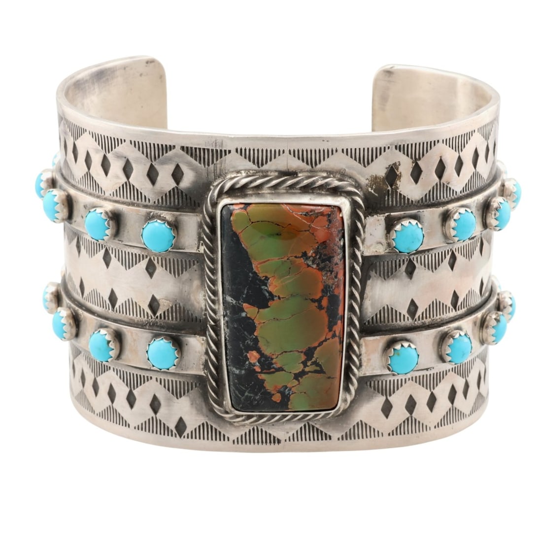 Huge John Skeets Navajo Sterling Multi-Stone Cuff Bracelet: Huge John Skeets Navajo Sterling Mixed Turquoise Cuff Bracelet 166g