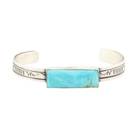Rick Enriquez Navajo Sterling Kingman Turquoise Stamp Work Cuff Bracelet