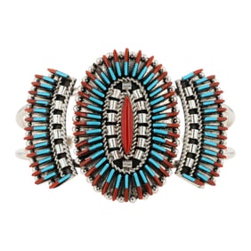 Barton Cooeyate Zuni Sterling Multi-Stone Inlay Cuff Bracelet