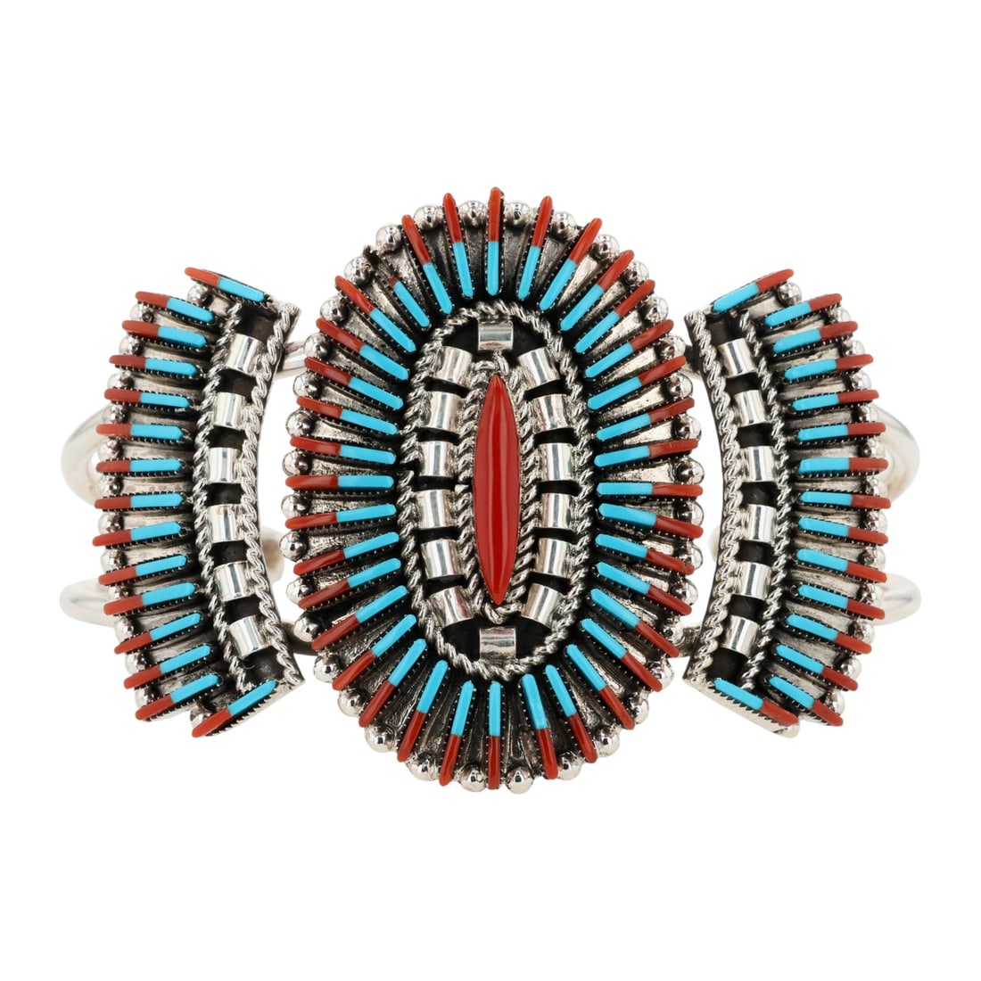 Barton Cooeyate Zuni Sterling Multi-Stone Inlay Cuff Bracelet: Barton Cooeyate Zuni Sterling Multi-Stone Inlay Cuff Bracelet 34.5g-Coral, Turquoise