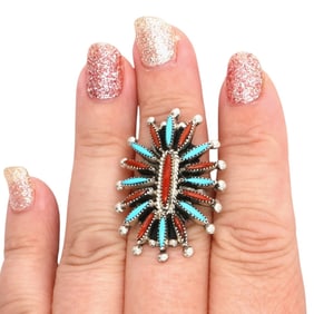 Dan Etsate Zuni Sterling Multi-Stone Needlepoint Ring Sz 8.5