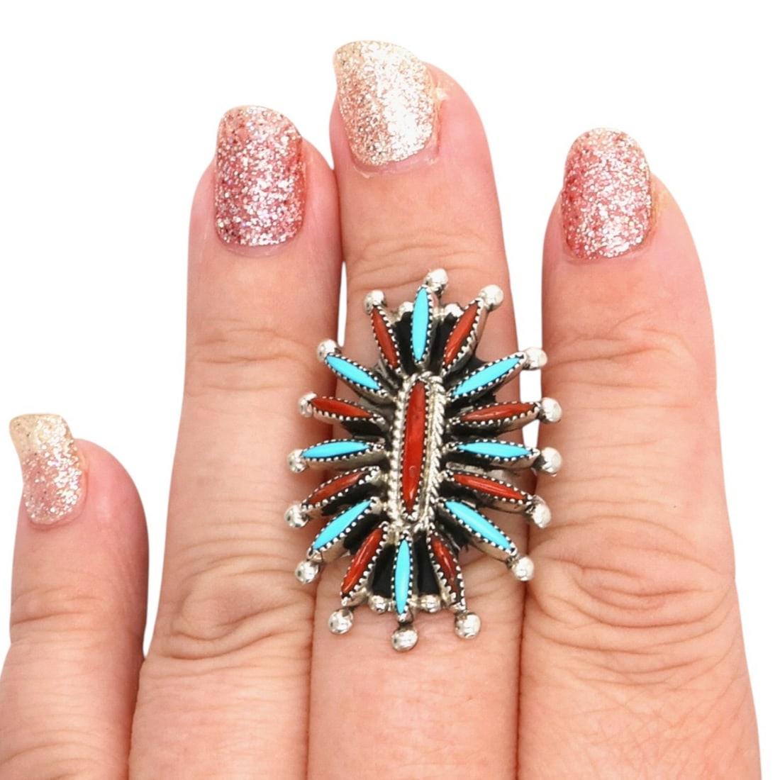 Dan Etsate Zuni Sterling Multi-Stone Needlepoint Ring Sz 8.5 (1 of 7)