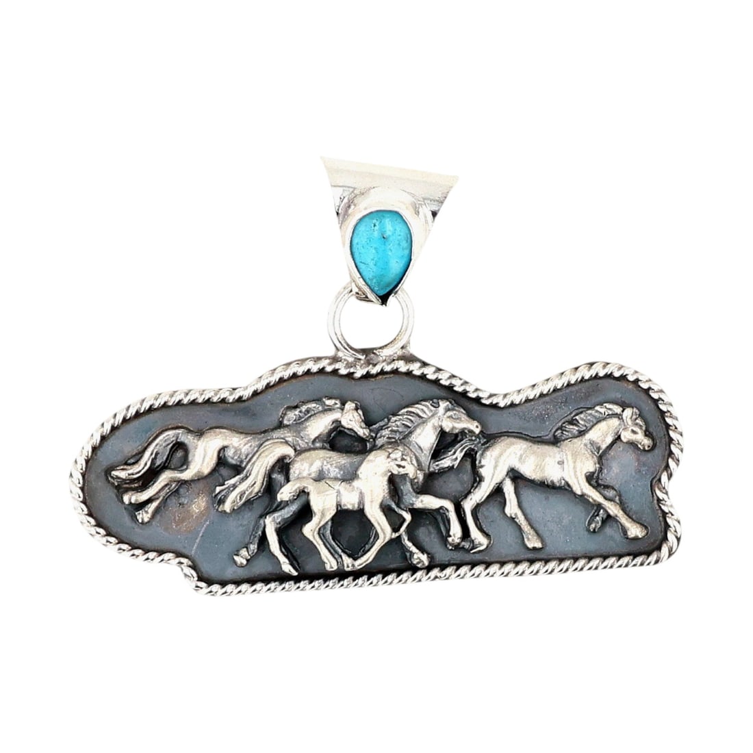 Robert Martinez Navajo Sterling Kingman Turquoise Horses Pendant: Robert Martinez Navajo Sterling Kingman Turquoise Horses Pendant 8g