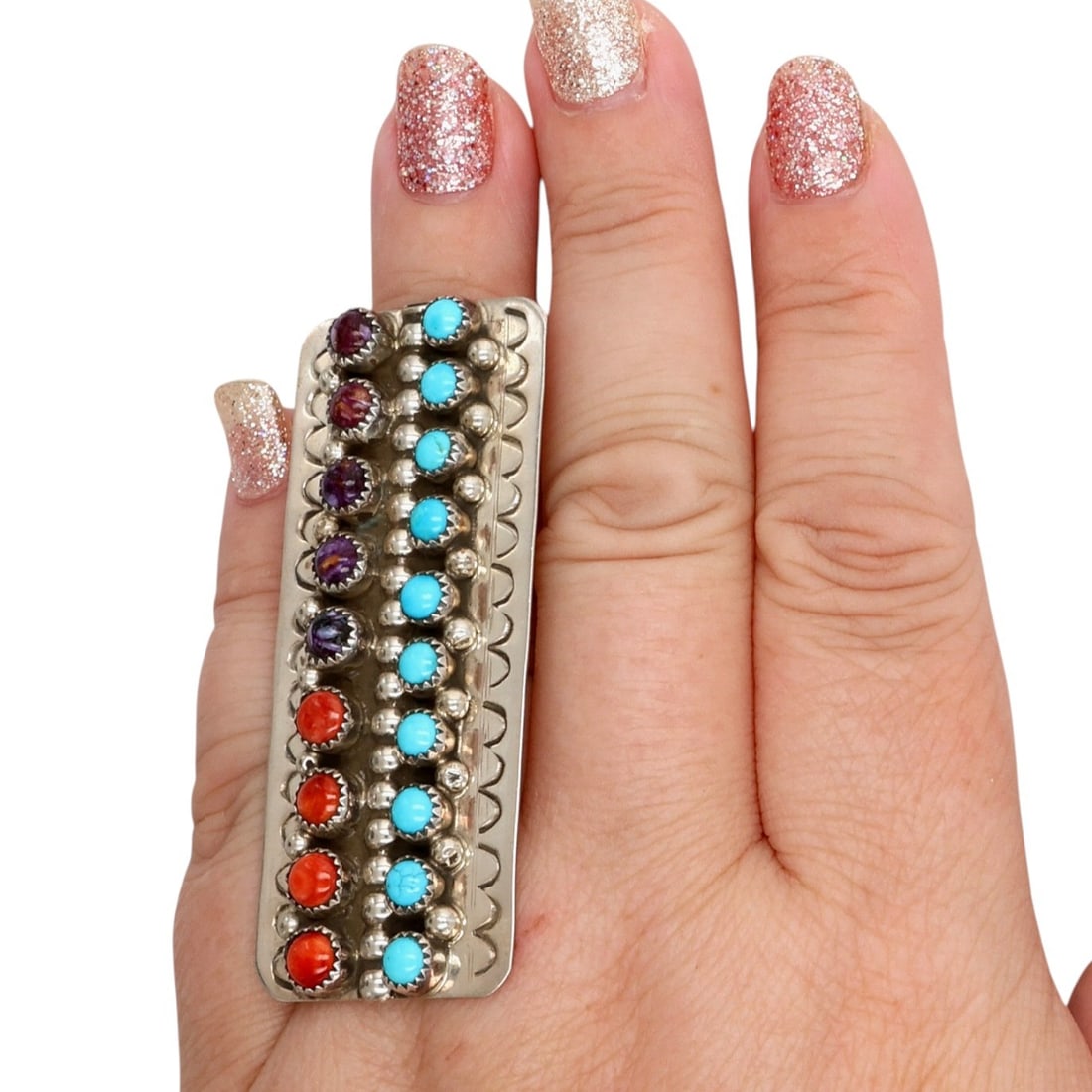 Darlene Begay Navajo Sterling Multi-Stone Ring Sz 9.5: Darlene Begay Navajo Sterling Multi-Stone Ring Sz 9.5, 21g-Turquoise, Coral, Charolite