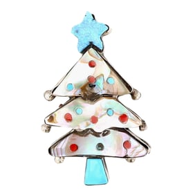 Stephen Lonjose Zuni Sterling Multi-Stone Inlay Christmas Tree Brooch Pendant