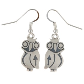 Robert Gene Navajo Plain Silver Owl Earrings