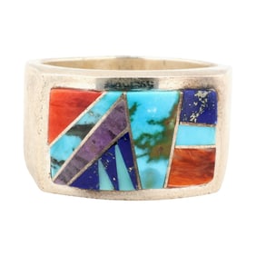 Tully Gustine Navajo Sterling Multi-Stone Inlay Ring Sz 11.25