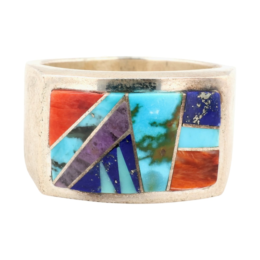 Tully Gustine Navajo Sterling Multi-Stone Inlay Ring Sz 11.25: Tully Gustine Navajo Sterling Multi-Stone Inlay Ring Sz 11.25, 23g-Spiny Oyster, Turquoise, Lapis, Charoite