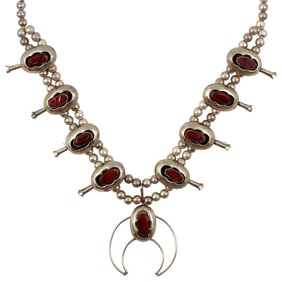 Signed Navajo Sterling Dark Red Agate Squash Blossom Necklace