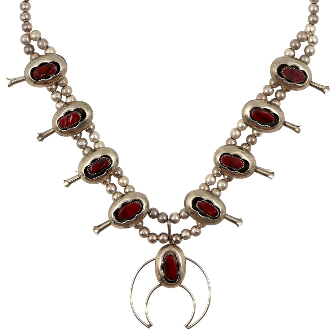 Signed Navajo Sterling Dark Red Agate Squash Blossom Necklace (1 of 7)