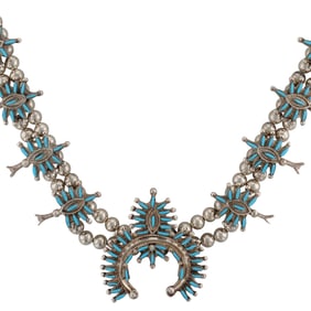 Lerna Mahkee Zuni Sterling Kingman Turquoise Needlepoint Squash Blossom Necklace