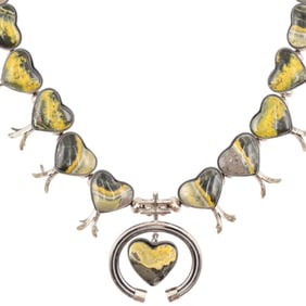 Delayne Reeves Navajo Sterling Bumblebee Jasper Heart Squash Blossom Necklace