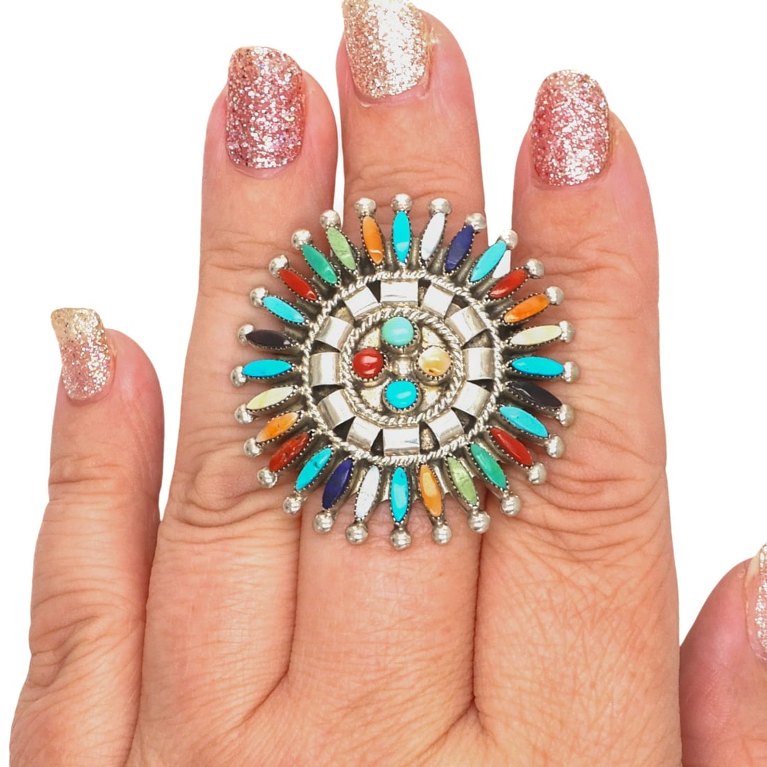 Dan Etsate Zuni Sterling Multi-Stone Needlepoint Ring Sz 8.5: Dan Etsate Zuni Sterling Multi-Stone Needlepoint Ring Sz 8.5, 11g-Turquoise, Mother-of-Pearl, Lapis, Coral, Spiny Oyster, Onyx, Gaspeite