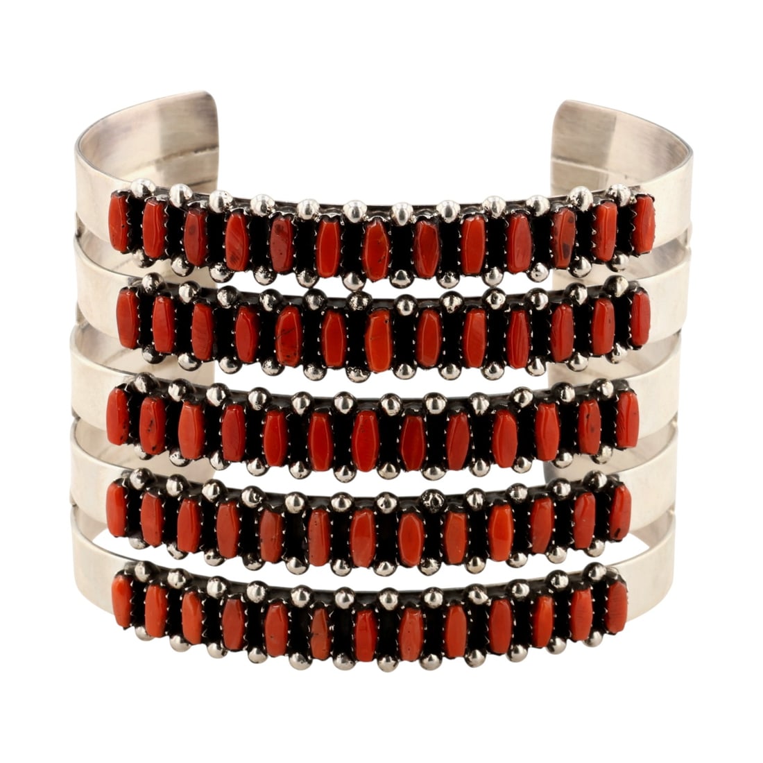 Veronica Martza Zuni Sterling Five Row Coral Cuff Bracelet: Veronica Martza Zuni Sterling Five Row Coral Cuff Bracelet 64g