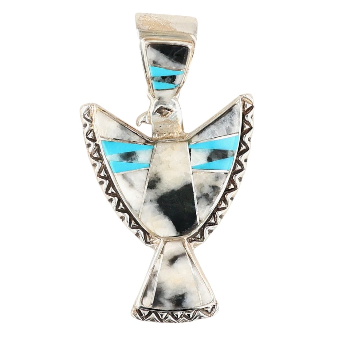Calvin Begay Navajo Sterling Multi-Stone Inlay Thunderbird Pendant: Calvin Begay Navajo Sterling Multi-Stone Inlay Thunderbird Pendant 18g-Turquoise, White Buffalo