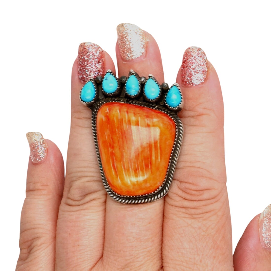 Signed Navajo Sterling Multi-Stone Bear Paw Ring Sz 7: Signed 'LW' Navajo Sterling Multi-Stone Bear Paw Ring Sz 7, 27.5g-Spiny Oyster, Turquoise