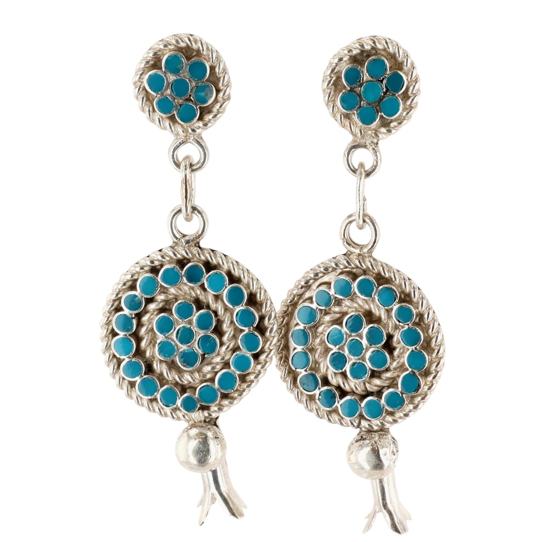 Devin Quam Zuni Sterling Turquoise Squash Blossom Earrings: Devin Quam Zuni Sterling Turquoise Squash Blossom Earrings 11g